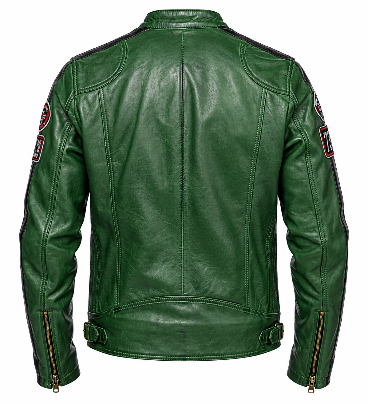Vue de dos du blouson Tormo Daytona 73 en cuir vert, coutures structurées, pattes de réglage à la taille et poignets zippés.