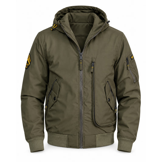 Blouson aviation kaki homme imperméable à capuche vue de face