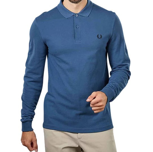 Polo manche longue Fred Perry midnight blue col uni