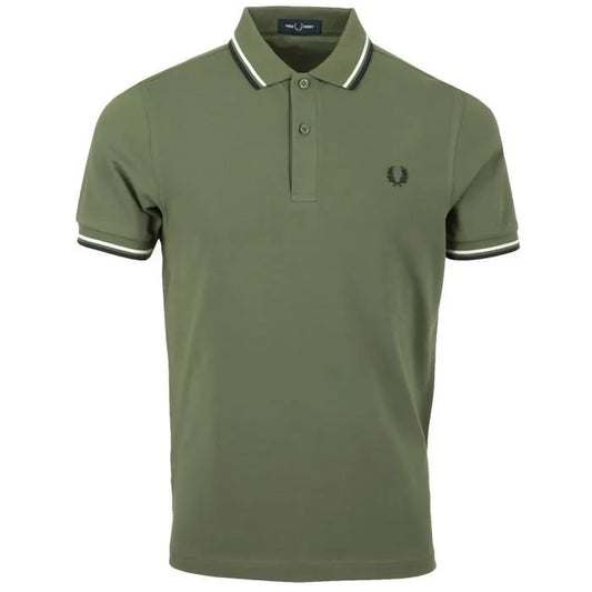 Polo brodé Fred Perry cream col rayé kaki