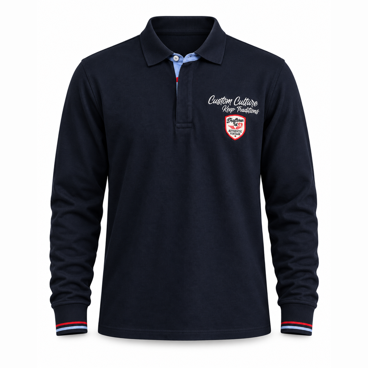 Polo SELAWIK homme bleu marine manches longues avec broderies racing vue de face